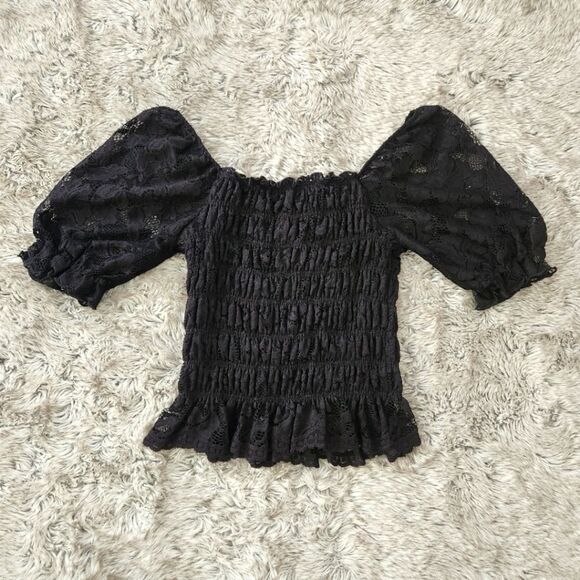Willow + Root Tops - Willow + Root Puff Sleeve Smocked Bodice Ruffle Trim Black Lace‎ Top Size Small